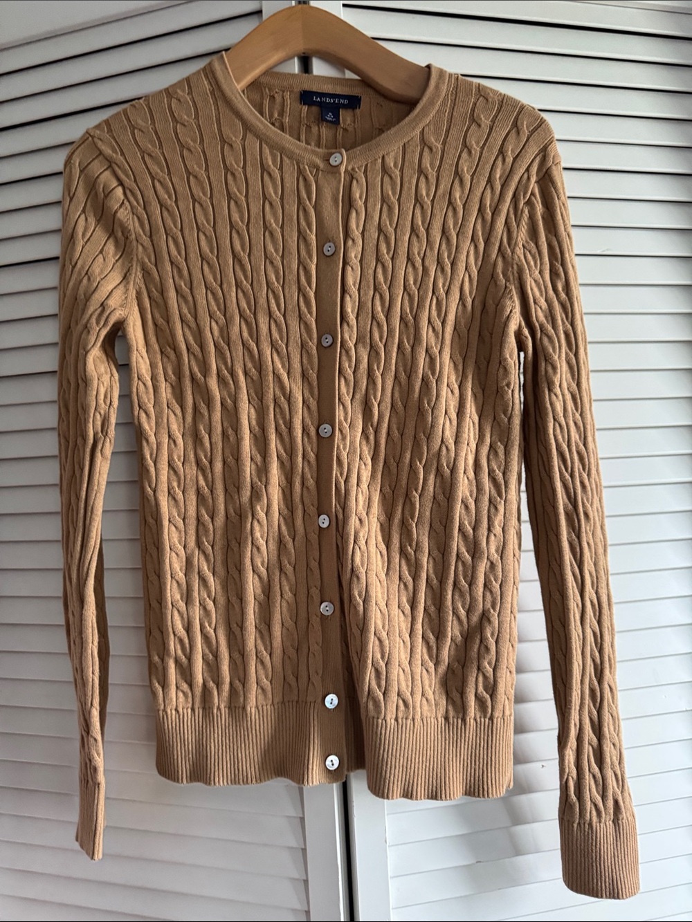 Lands' End Women's Cable-Knit Button Cardigan - Camel/Tan